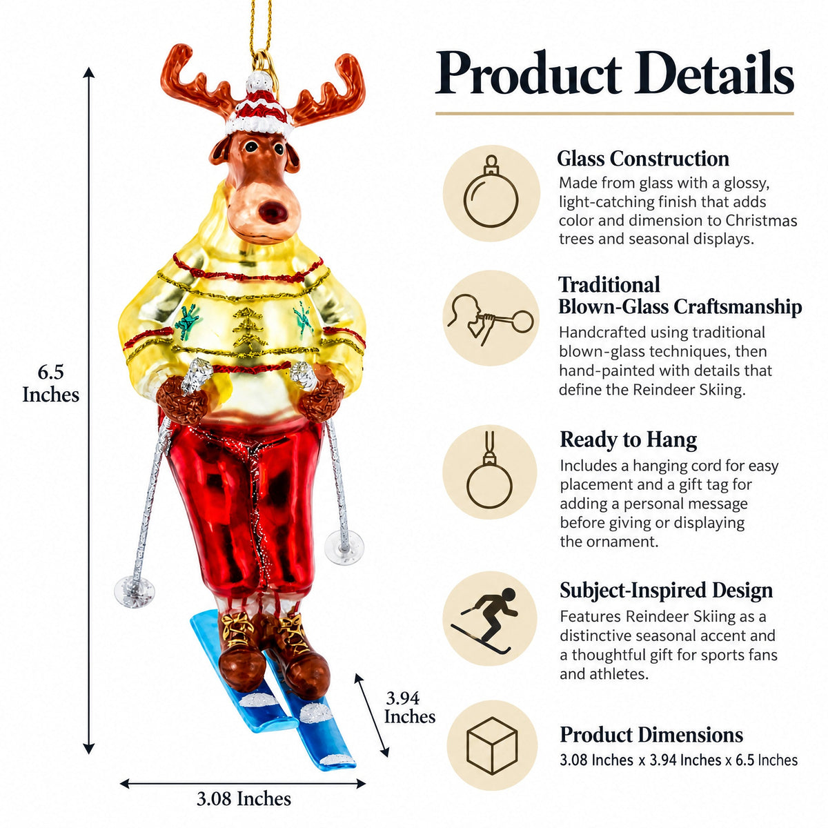 Reindeer Skiing Glass Christmas Ornament