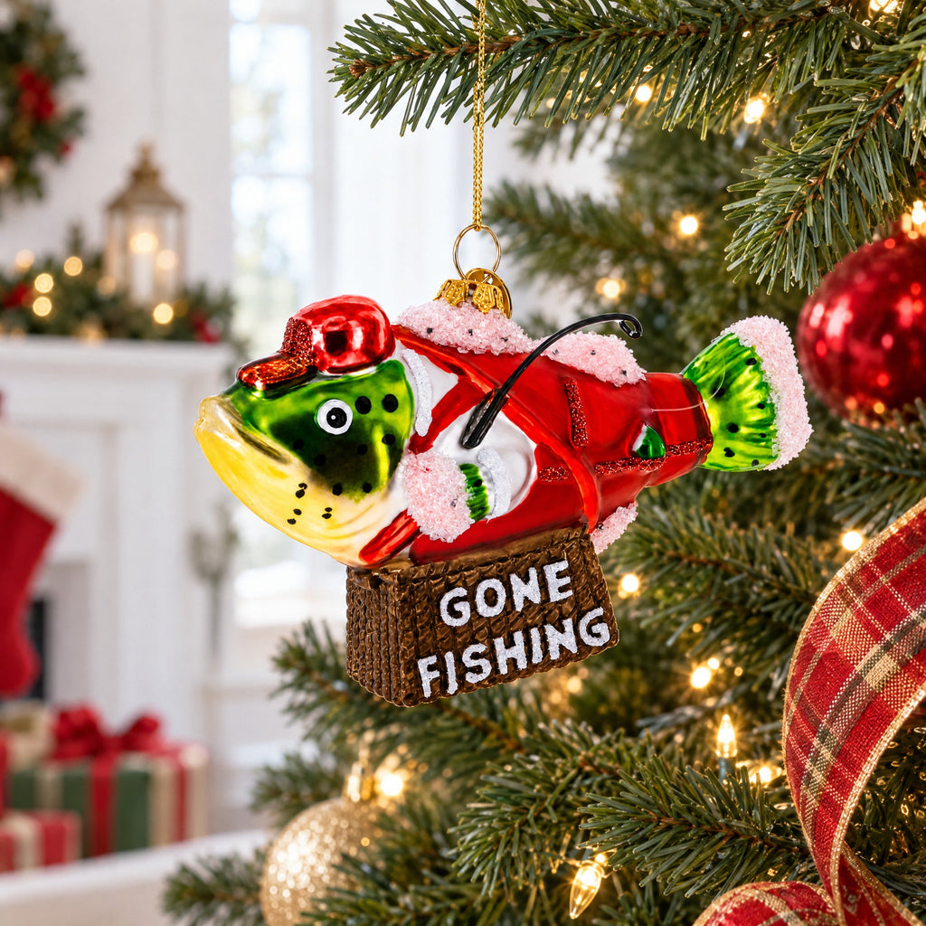 Fish in Hat Gone Fishing Glass Christmas Ornament