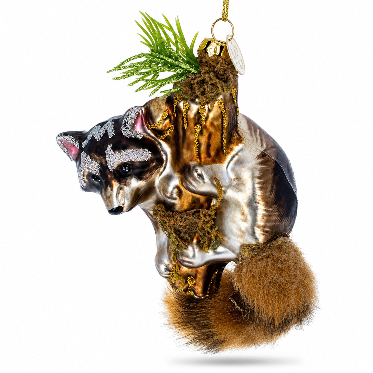 Curious Raccoon Climbing the Tree Glass Christmas Ornament