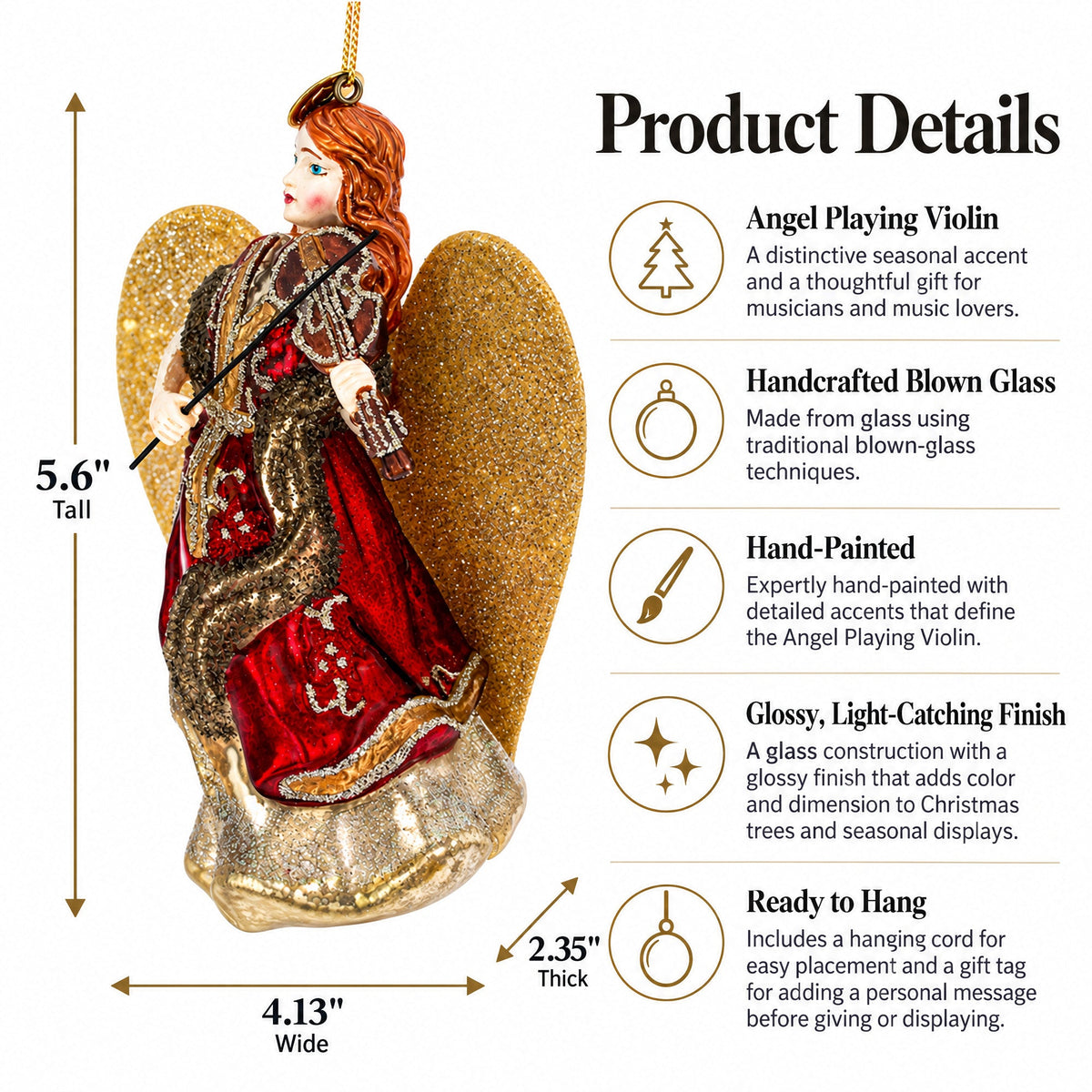 Angel Playing Violin Glass Christmas Ornament