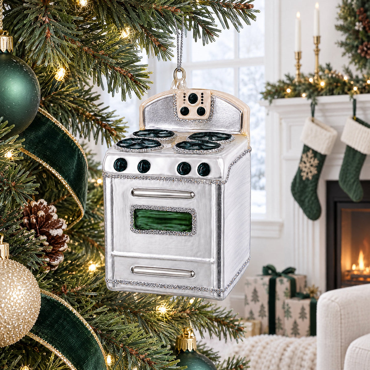 Silver Oven Stove Range Glass Christmas Ornament