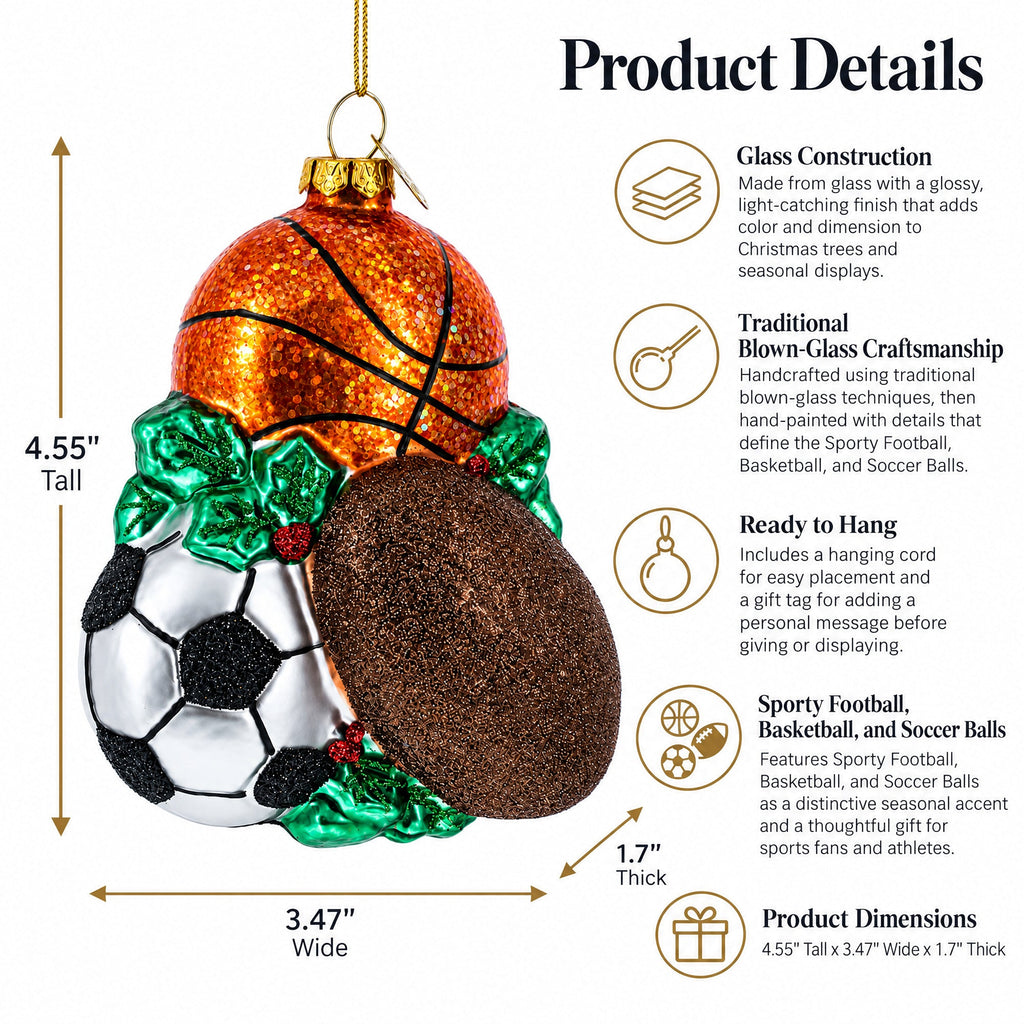 Sporty Football, Basketball, and Soccer Balls Glass Christmas Ornament