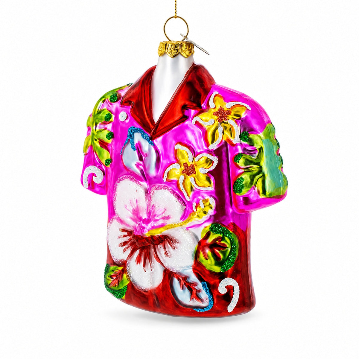 Tropical Short Sleeve Shirt with Flowers Glass Christmas Ornament