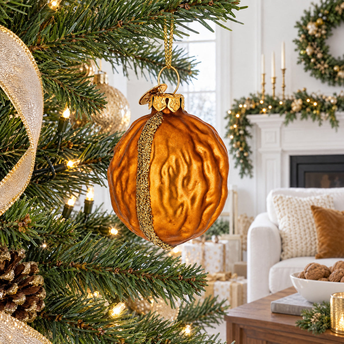 Glittered Walnut Glass Christmas Ornament