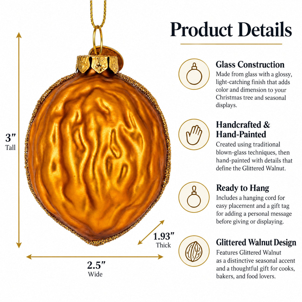 Glittered Walnut Glass Christmas Ornament