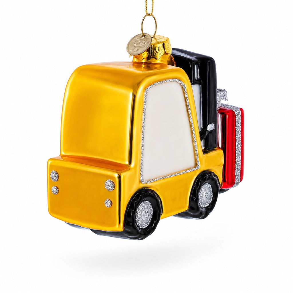Santa Delivering Gifts with a Forklift Glass Christmas Ornament