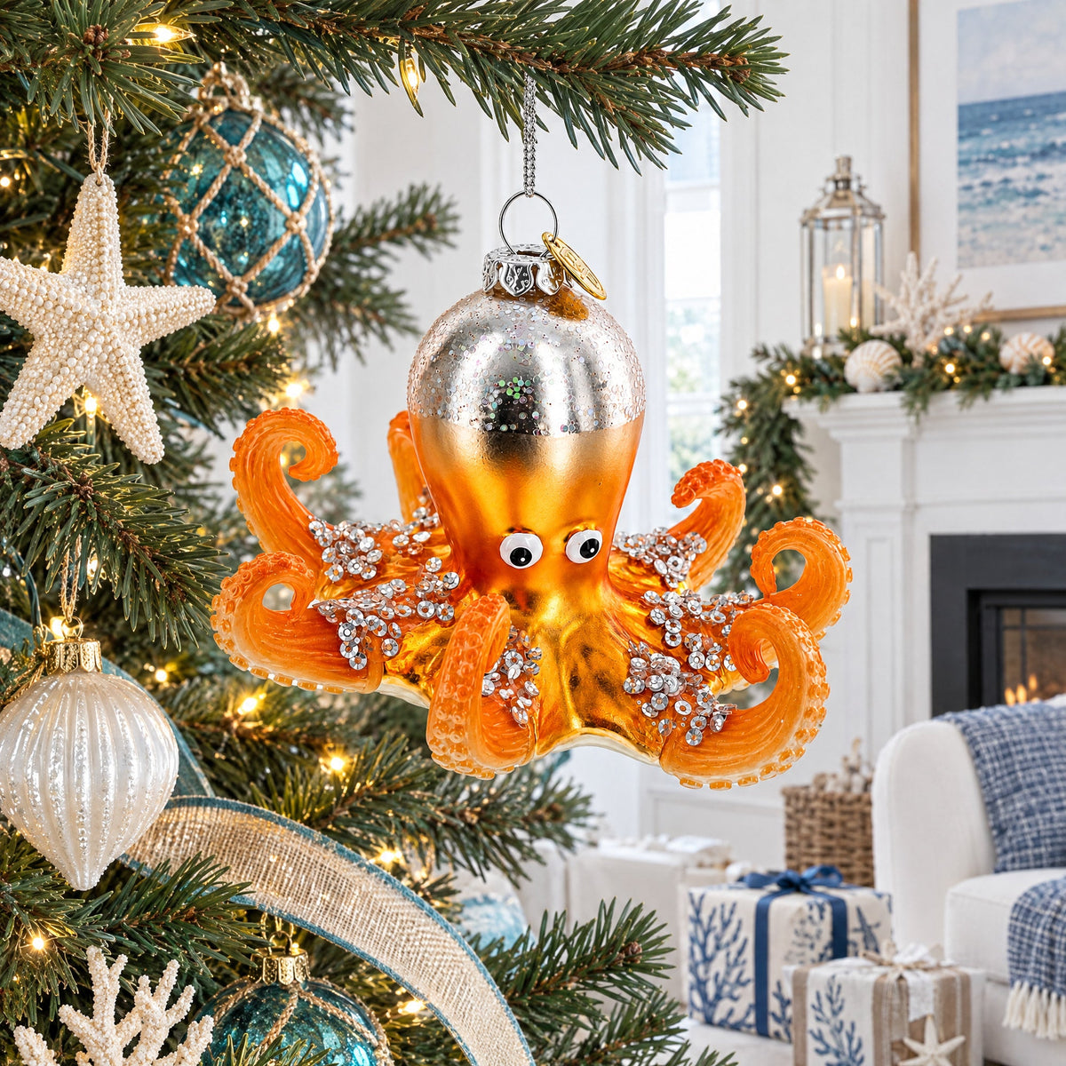 Octopus Glass Christmas Ornament