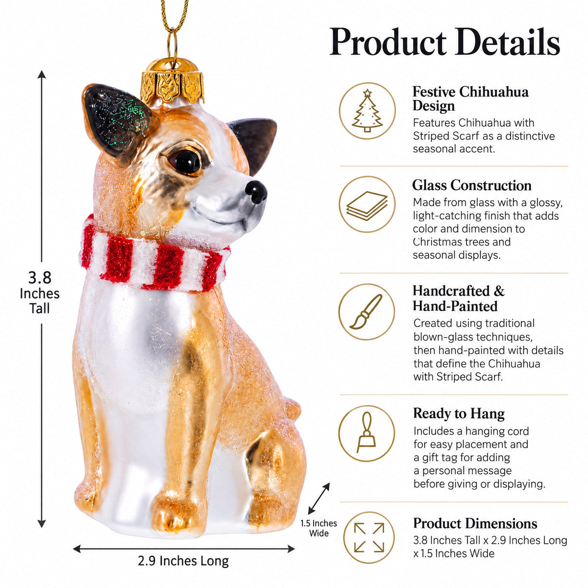 Chihuahua with Striped Scarf Glass Christmas Ornament