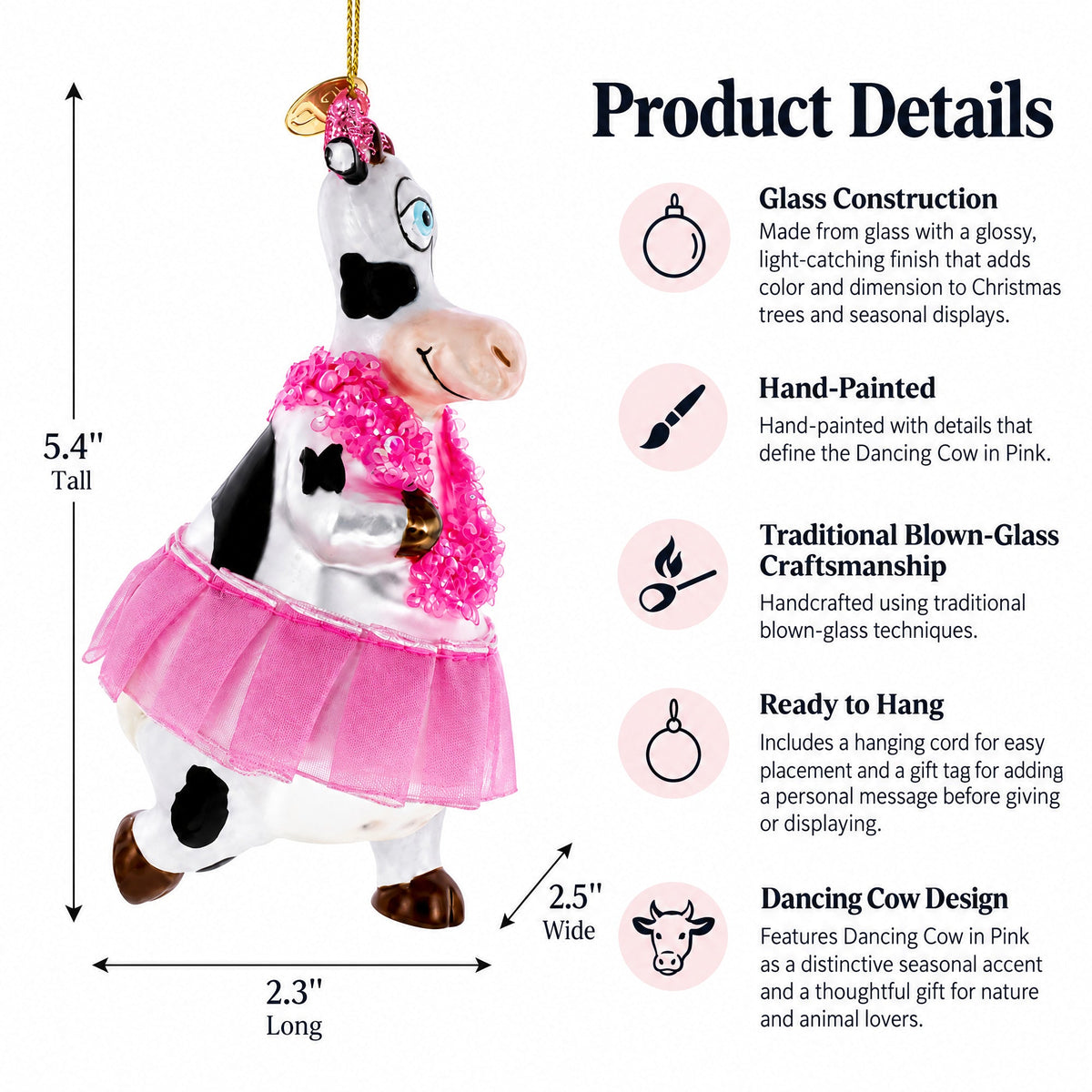 Dancing Cow in Pink Glass Christmas Ornament