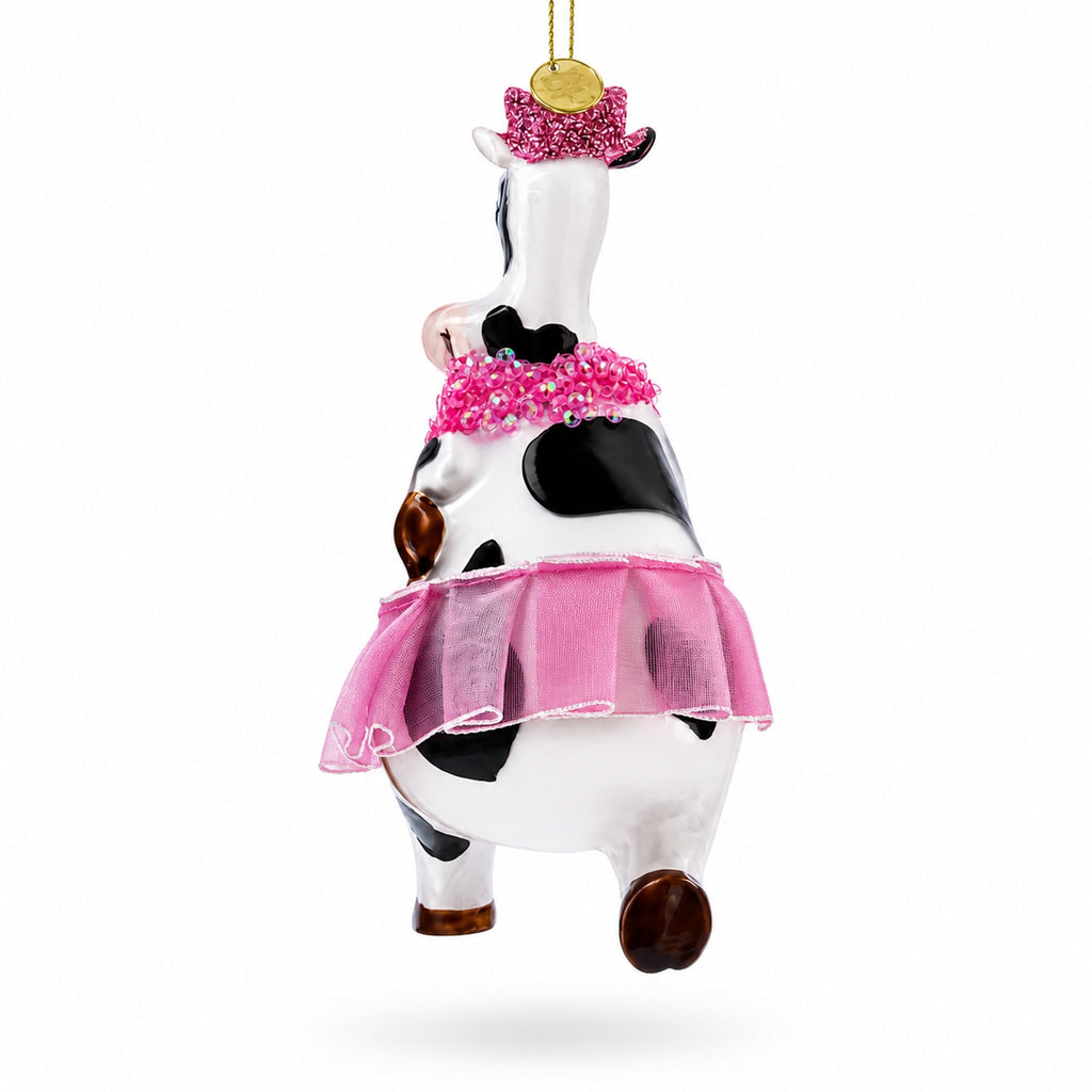 Dancing Cow in Pink Glass Christmas Ornament