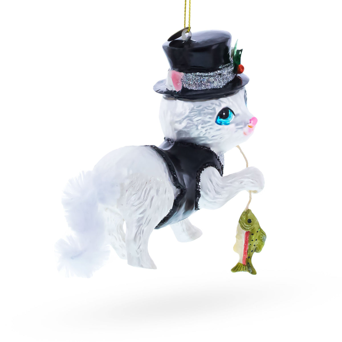 Cat in Black Costume Holding Fish Glass Christmas Ornament