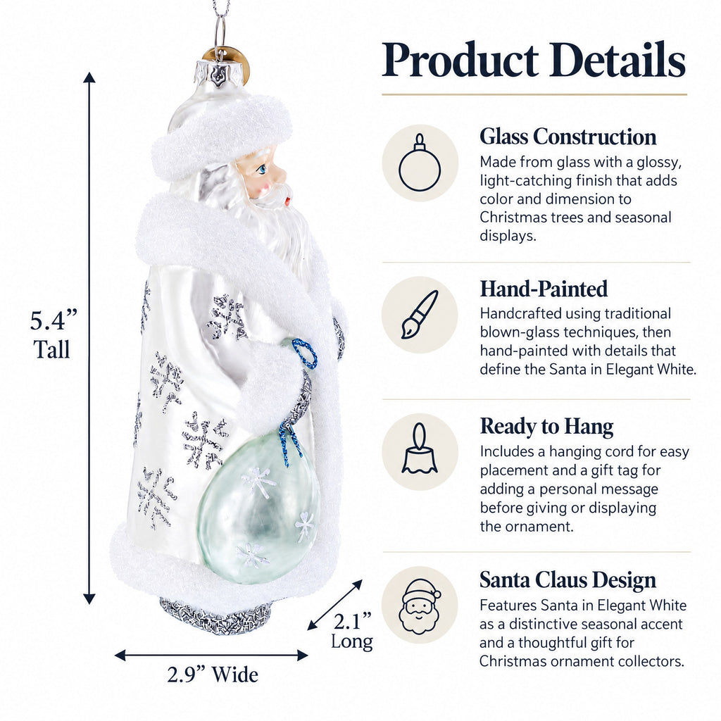 Santa in Elegant White Glass Christmas Ornament