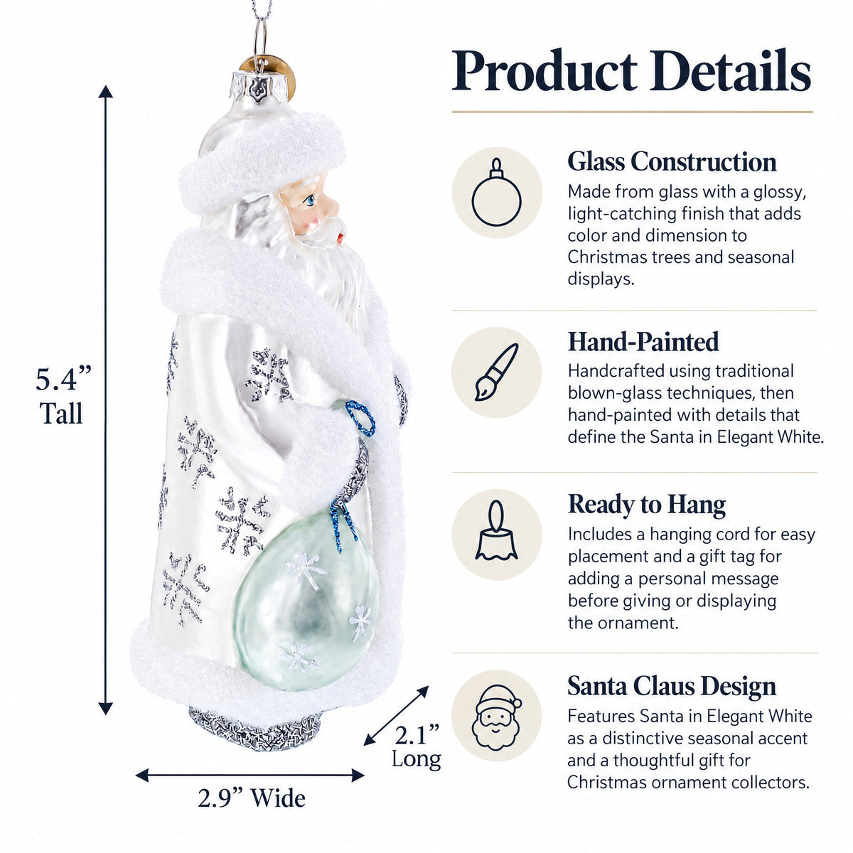 Santa in Elegant White Glass Christmas Ornament
