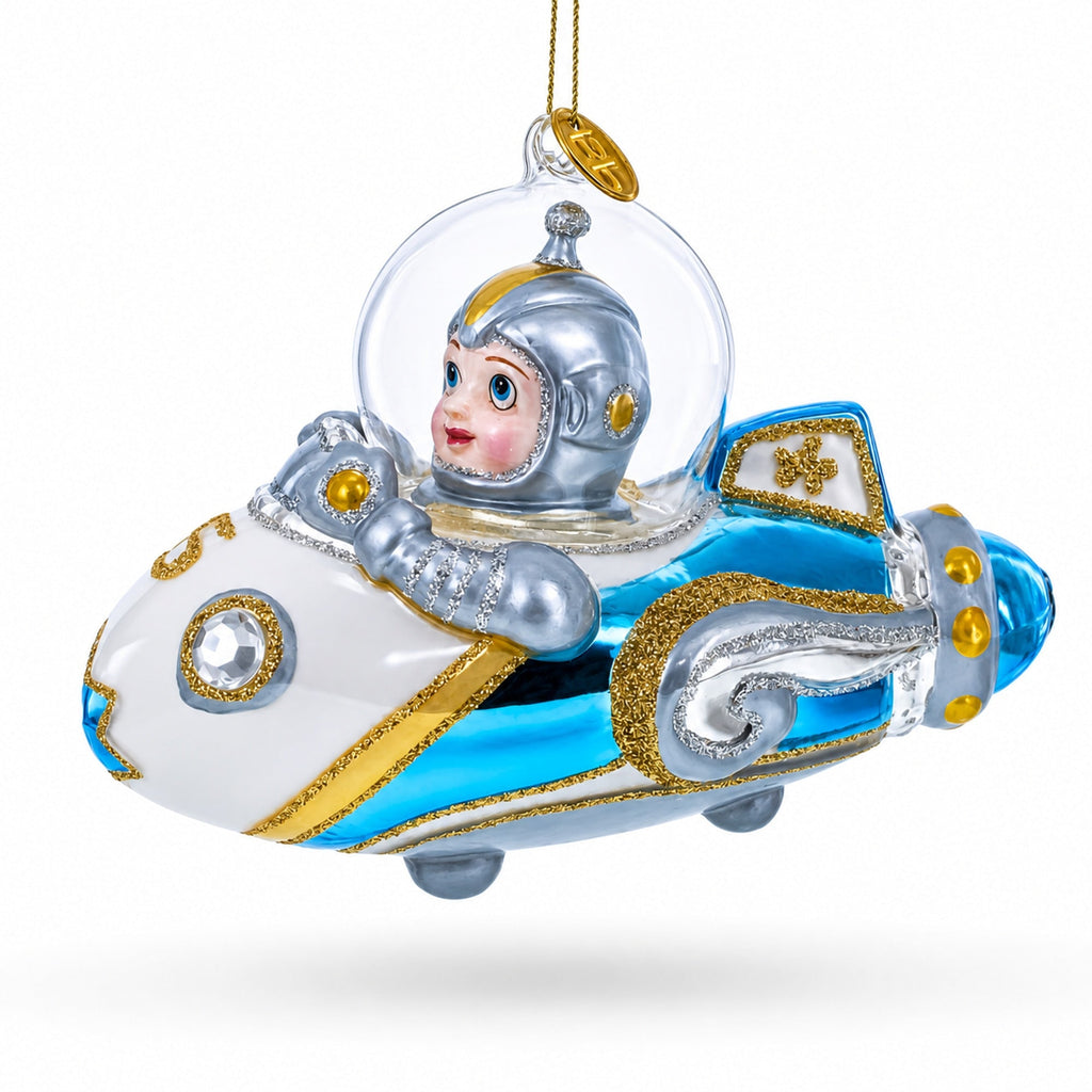 Astronaut Driving Spaceship Glass Christmas Ornament