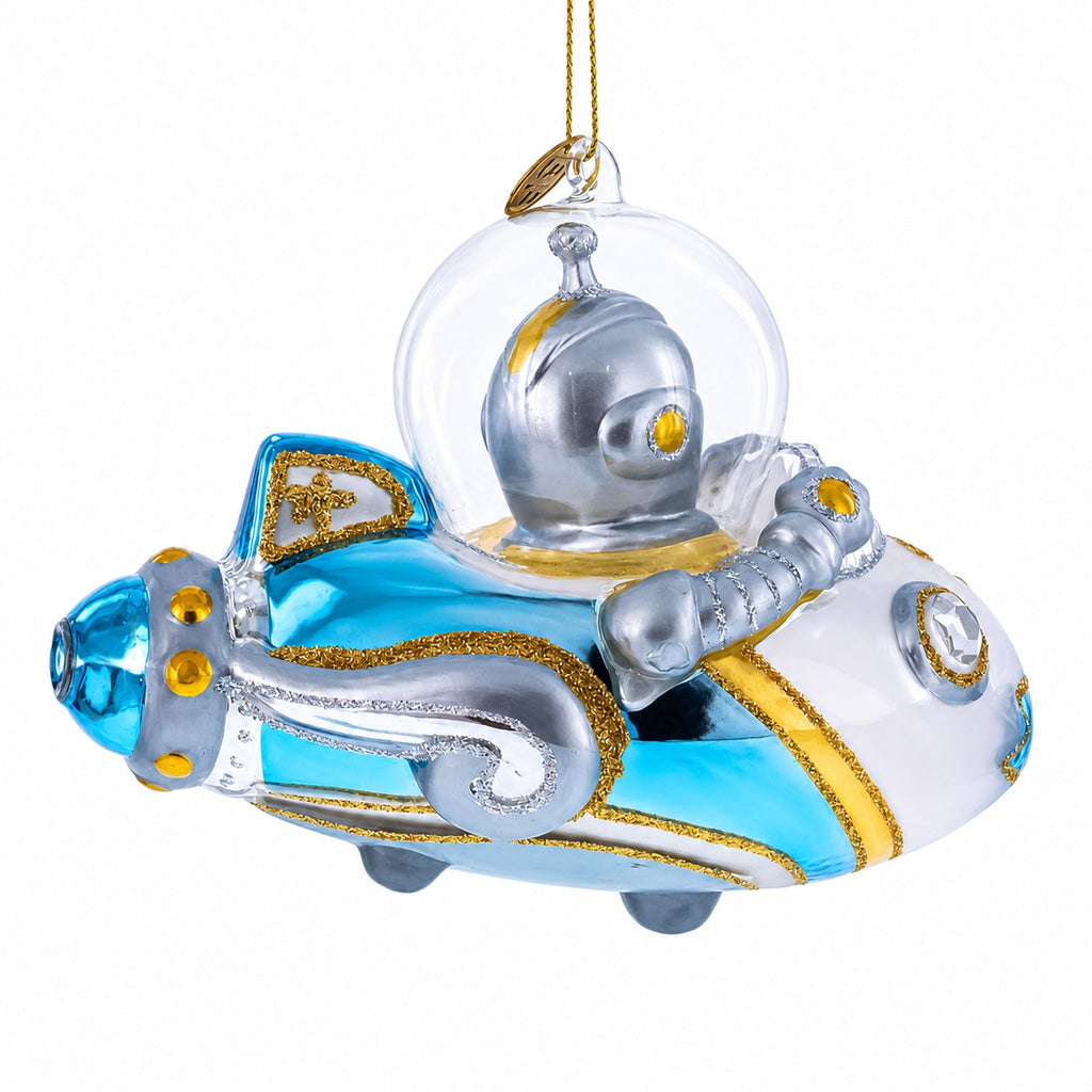 Astronaut Driving Spaceship Glass Christmas Ornament