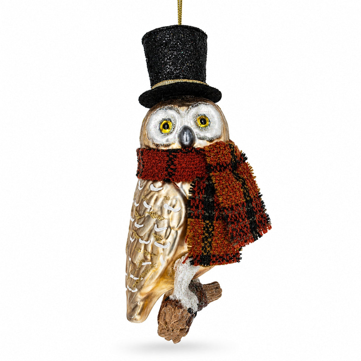 Owl in Black Hat and Scarf Glass Christmas Ornament