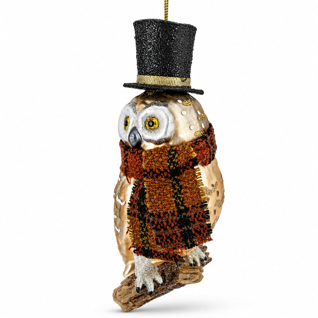 Owl in Black Hat and Scarf Glass Christmas Ornament