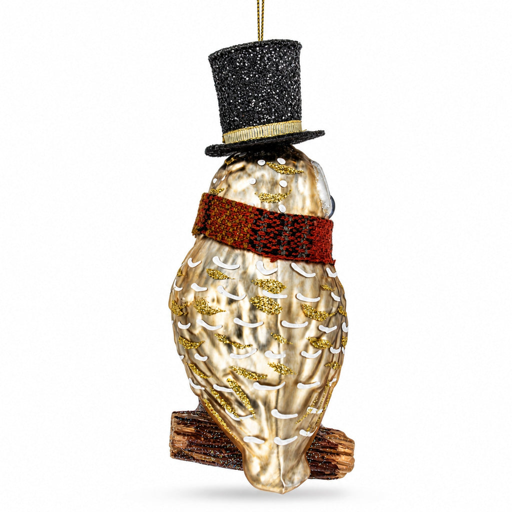 Owl in Black Hat and Scarf Glass Christmas Ornament