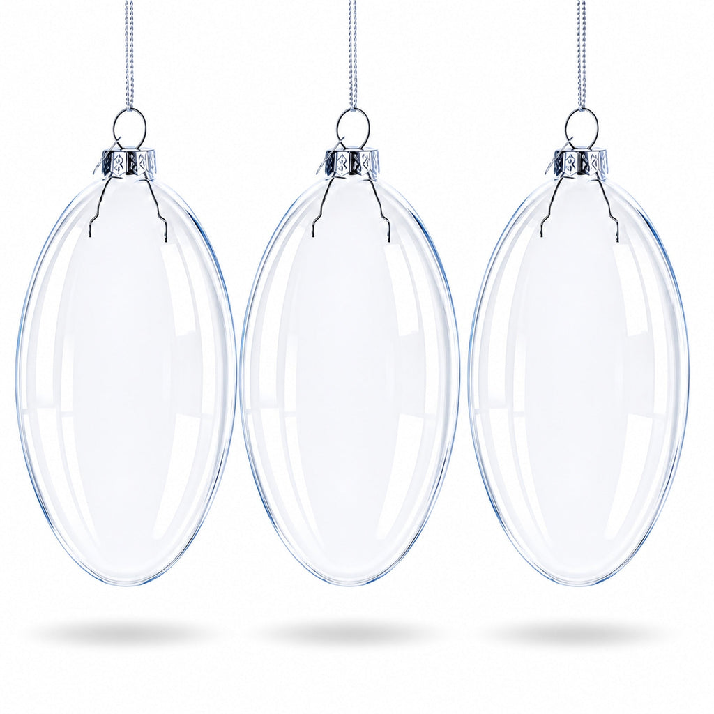 Set of 3 Oval Flat Discs Clear Glass Christmas Ornament, 5 Inches