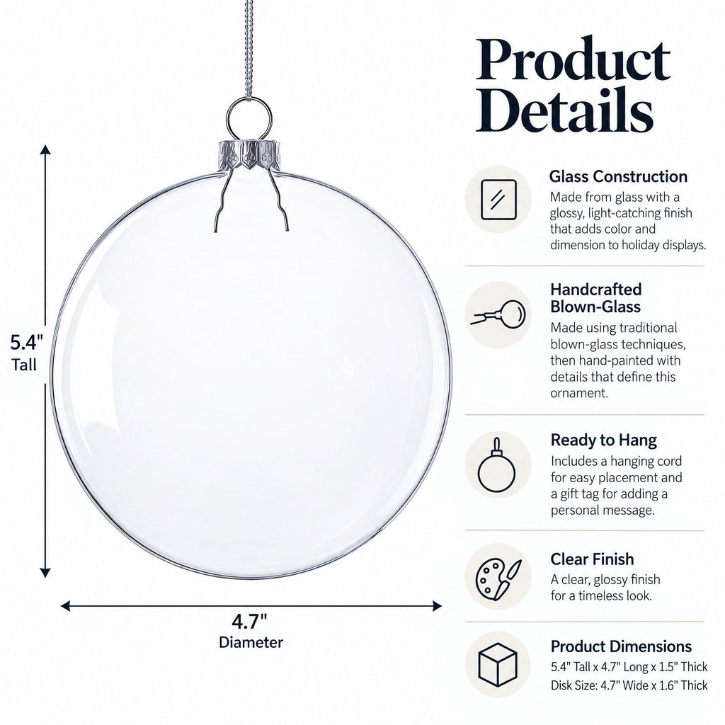Set of 3 Flat Disc Clear Glass Christmas Ornaments 5.4 Inches