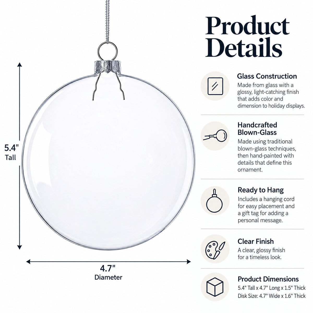 Set of 3 Flat Disc Clear Glass Christmas Ornaments 5.4 Inches