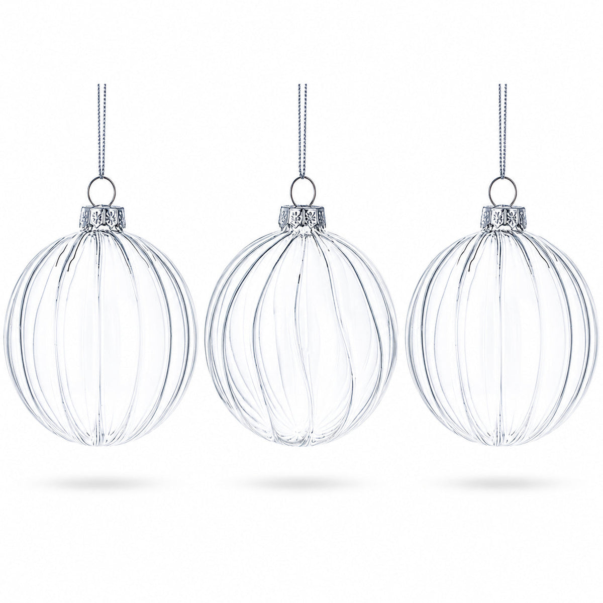 Elegant Set of 3 Striped Clear Glass Ball Christmas Ornaments 3.5 Inches