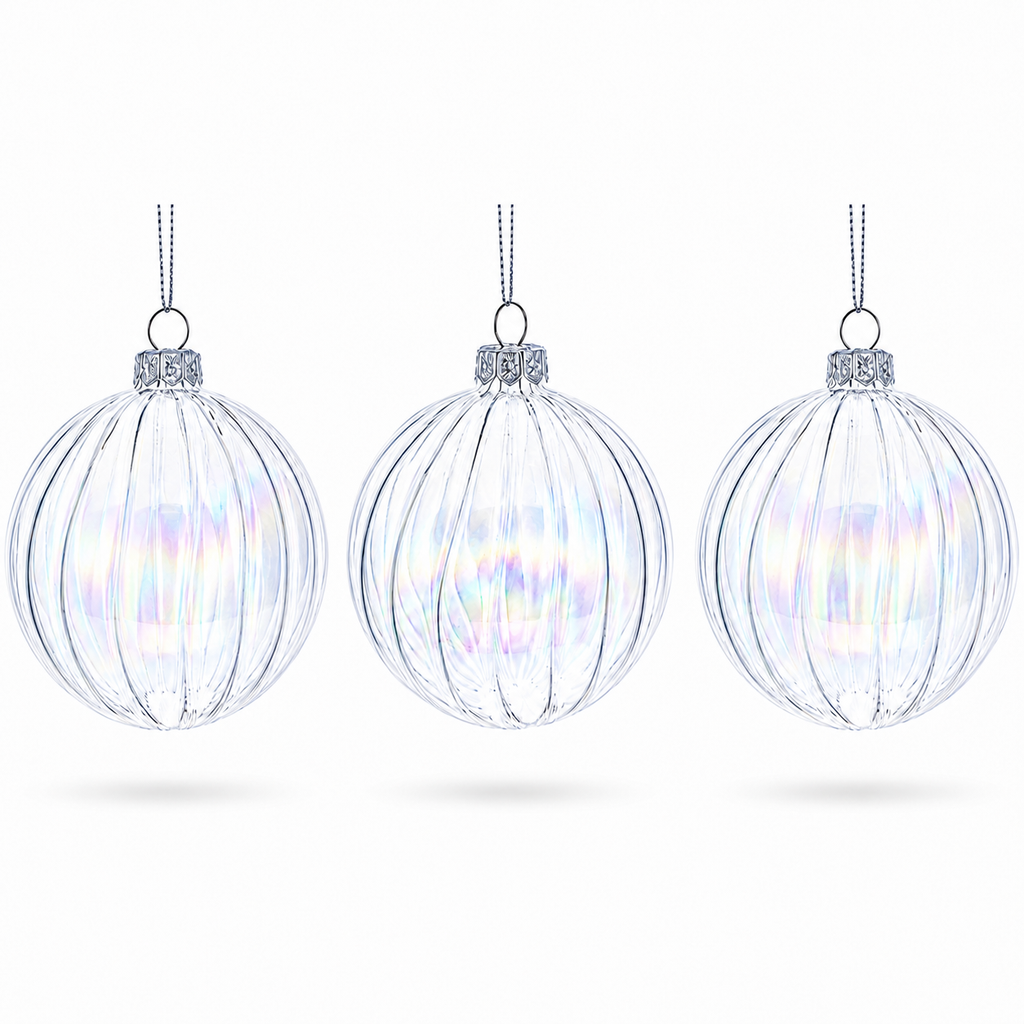 Set of 3 Iridescent Clear Glass Ball Christmas Ornaments 3.6 Inches