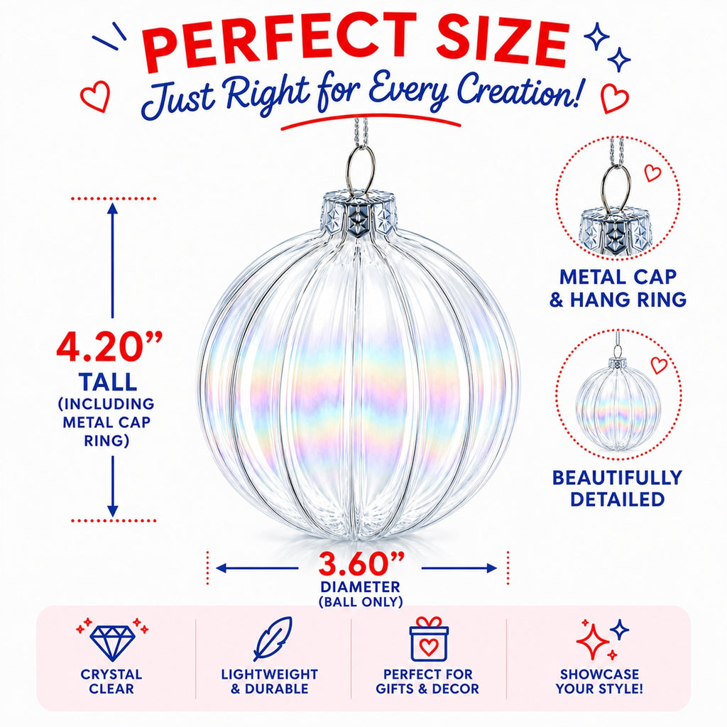 Set of 3 Iridescent Clear Glass Ball Christmas Ornaments 3.6 Inches