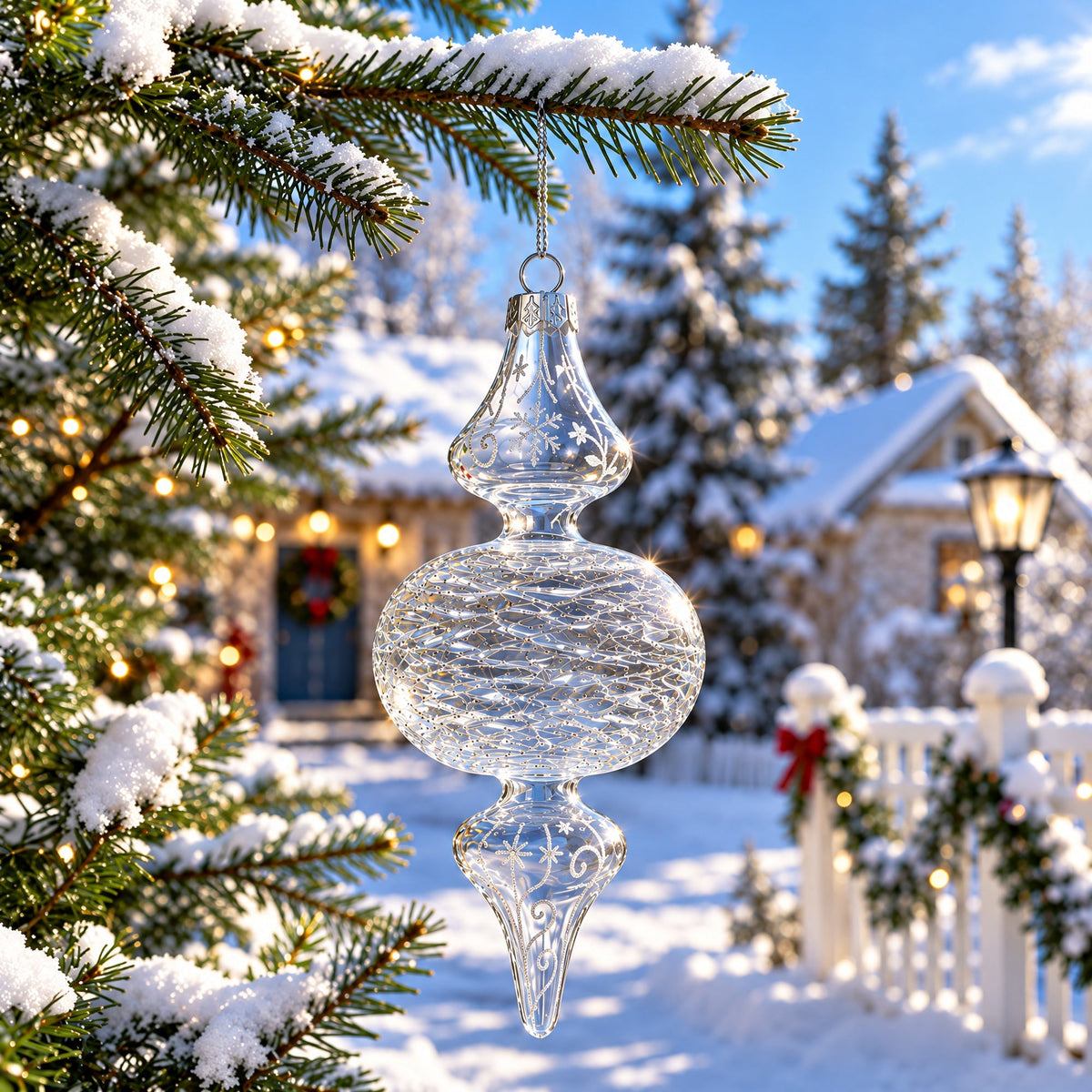 Triple Oval Finial Clear Glass Christmas Ornament 6.6 Inches