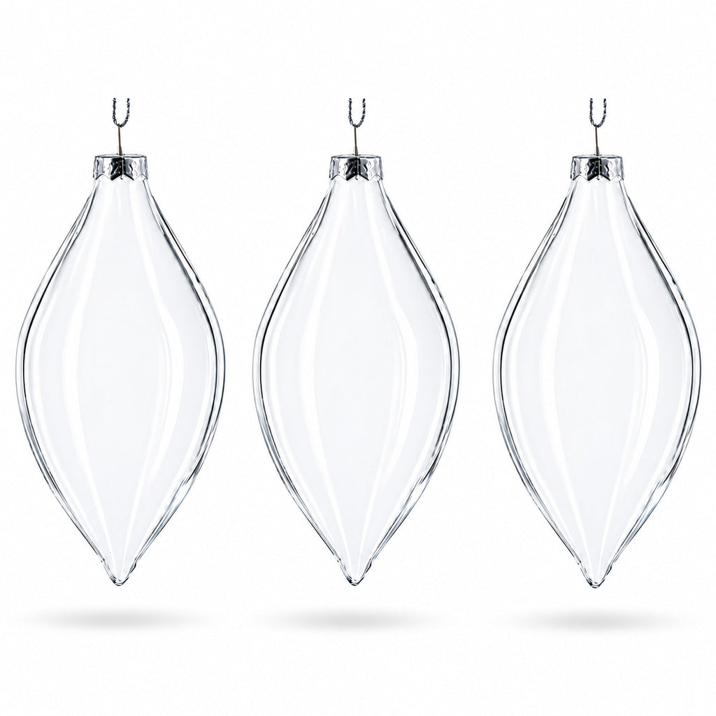 Set of 3 Oval Icicle Clear Glass Christmas Ornament 5.4 Inches