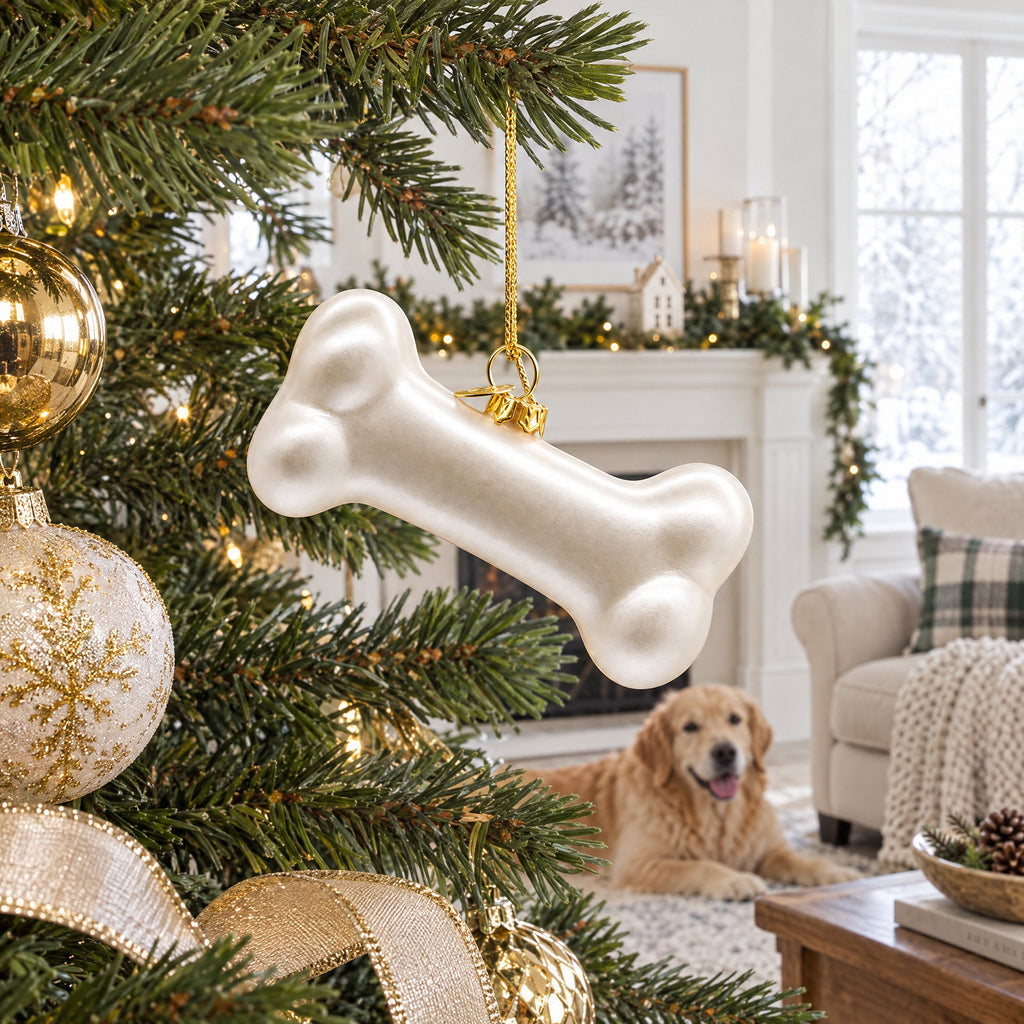 White Dog Bone Glass Christmas Ornament