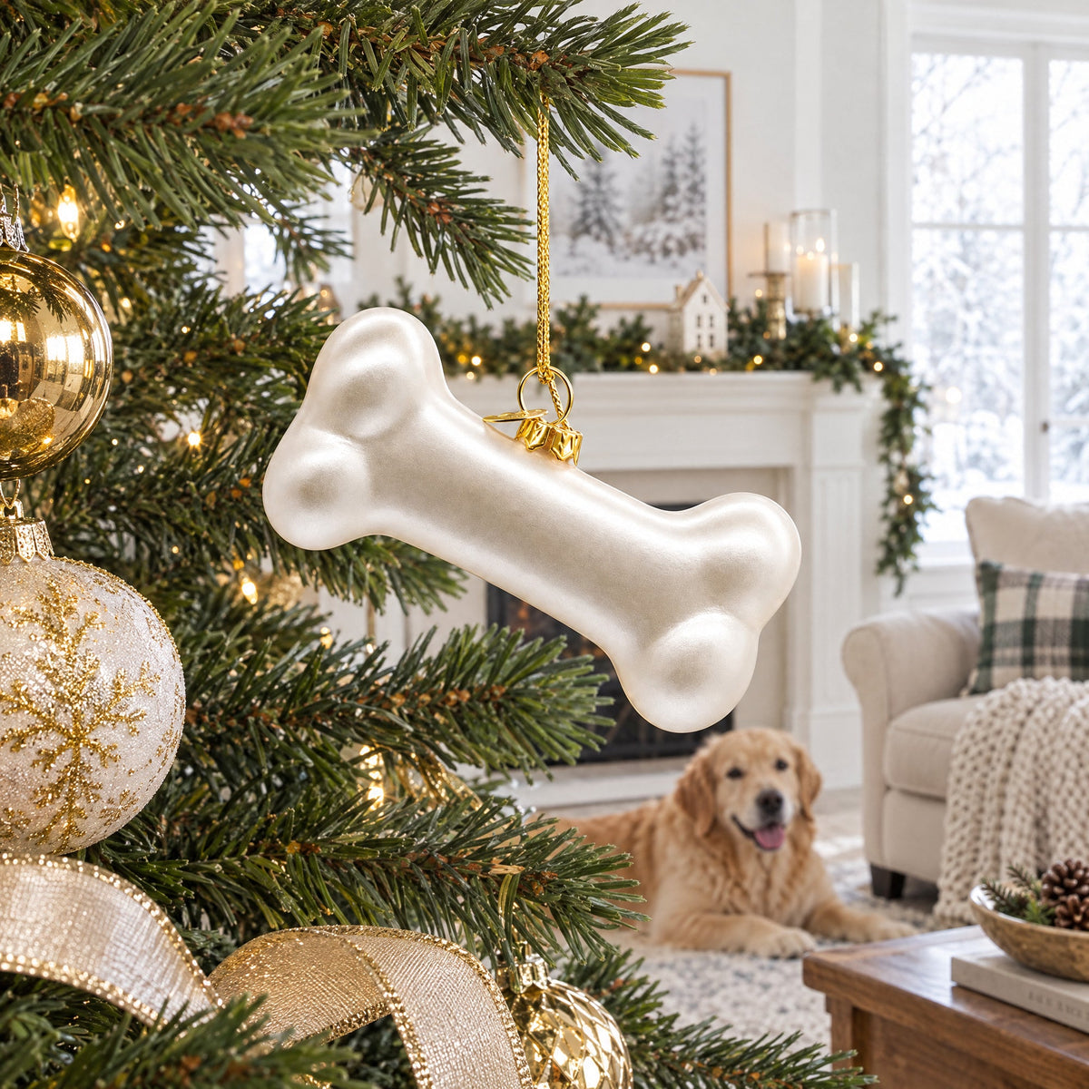 White Dog Bone Glass Christmas Ornament