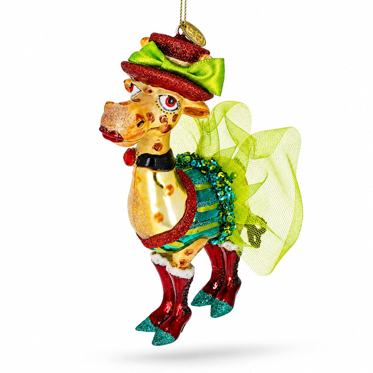 Giraffe in Costume Glass Christmas Ornament