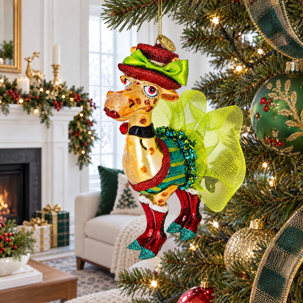 Giraffe in Costume Glass Christmas Ornament