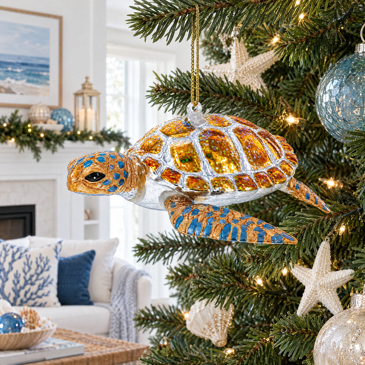 Glittered Turtle Glass Christmas Ornament