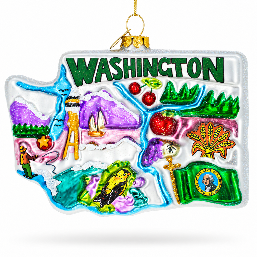 State of Washington Symbols, USA Glass Christmas Ornament