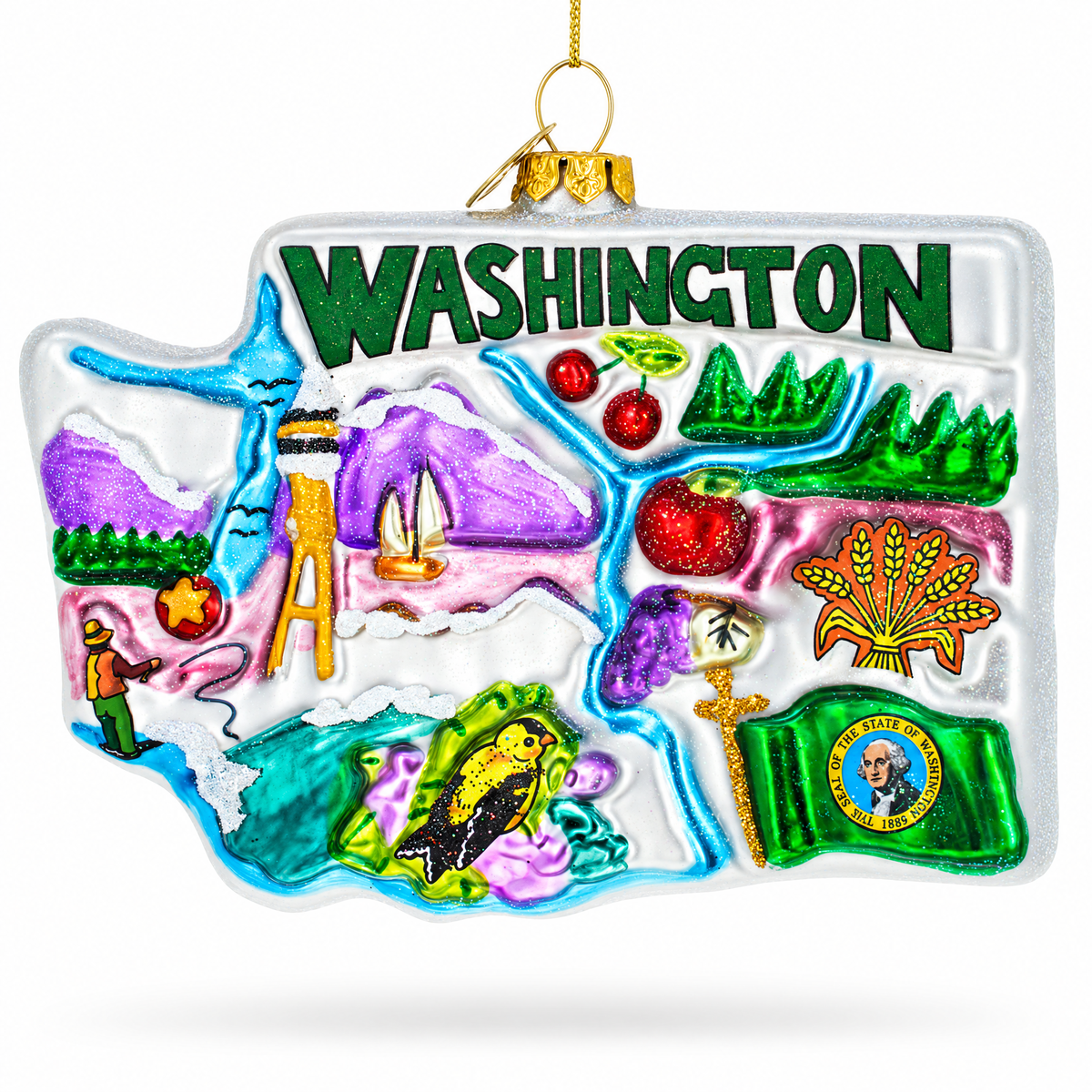State of Washington Symbols, USA Glass Christmas Ornament