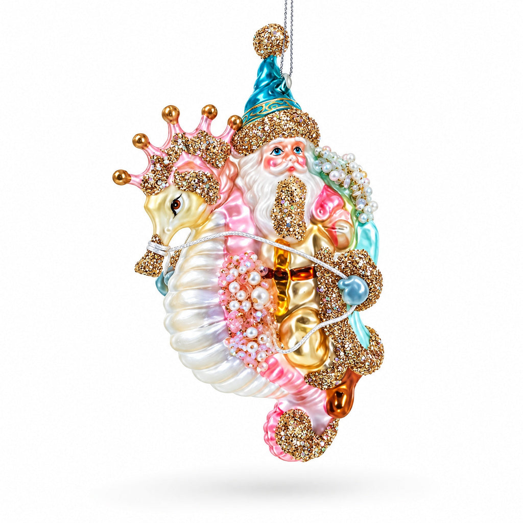 Santa Riding Seahorse Glass Christmas Ornament