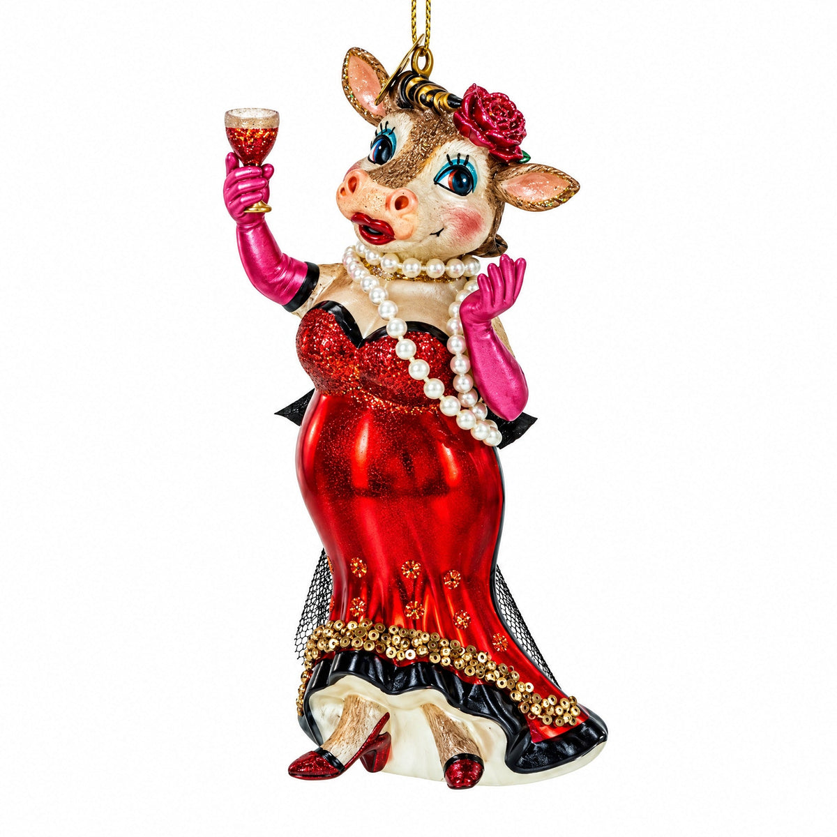 Cow Sipping Red Wine Glass Christmas Ornament