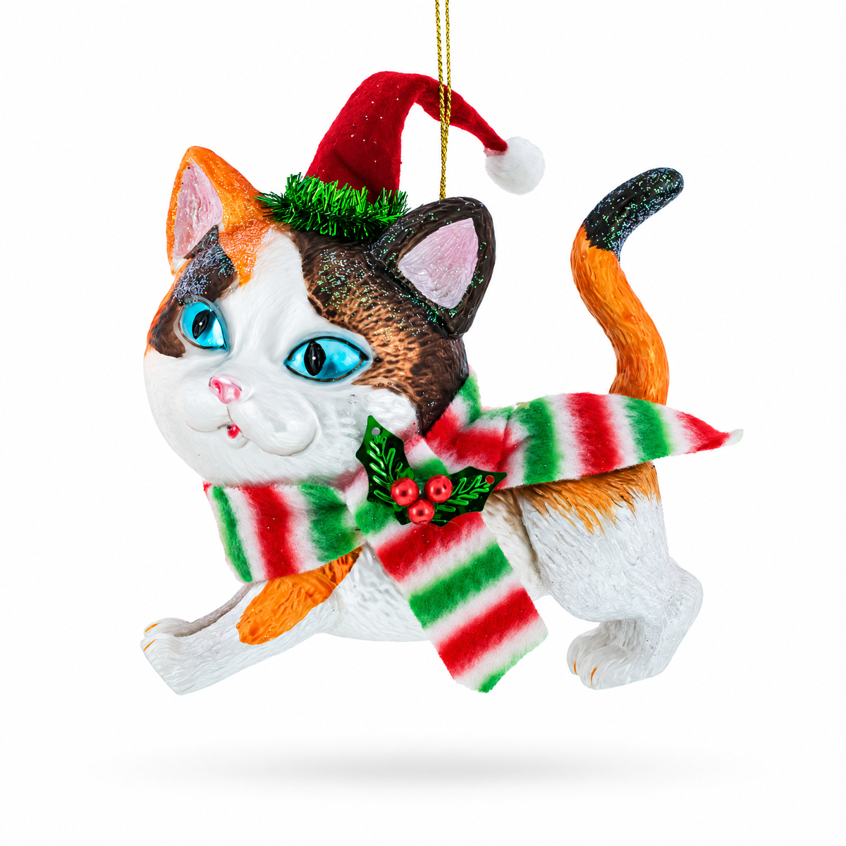 Calico Cat with Scarf Glass Christmas Ornament