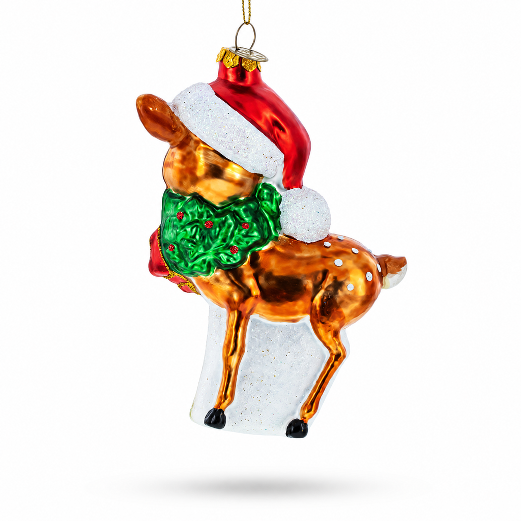 Reindeer with Santa Hat Glass Christmas Ornament