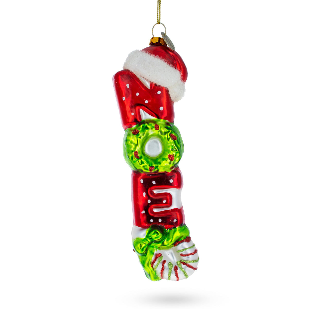 Noel Sign Topped with Santa Hat Large Glass Christmas Ornament