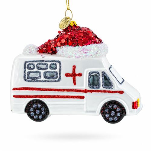 Ambulance in a Santa Hat Glass Christmas Ornament