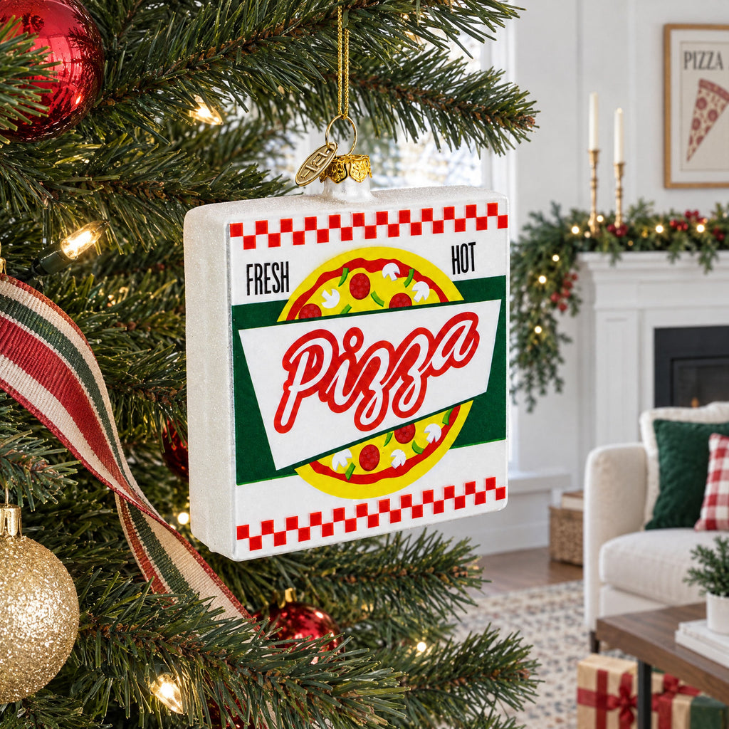 Takeout Pizza Box Glass Christmas Ornament