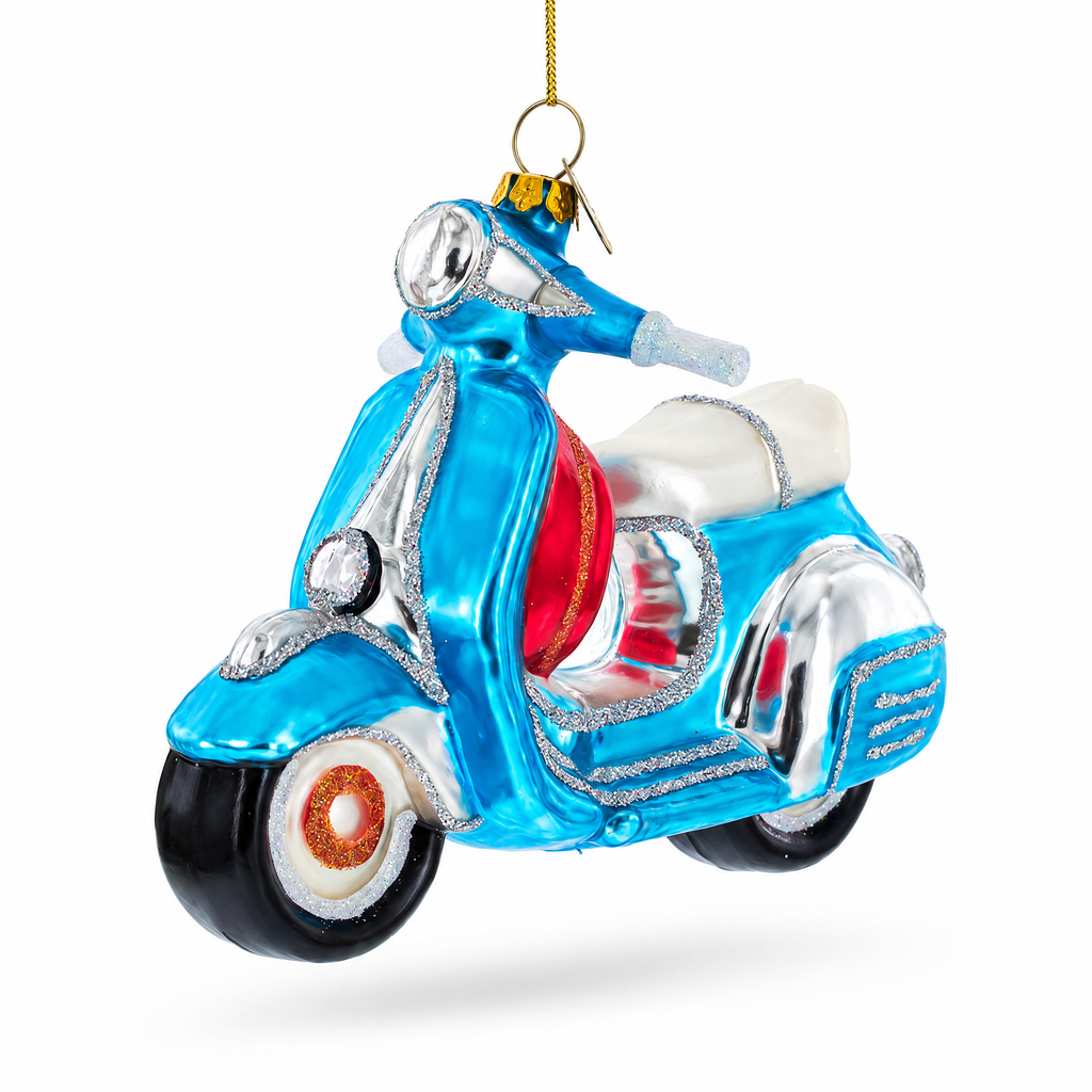 Blue Retro Scooter Glass Christmas Ornament