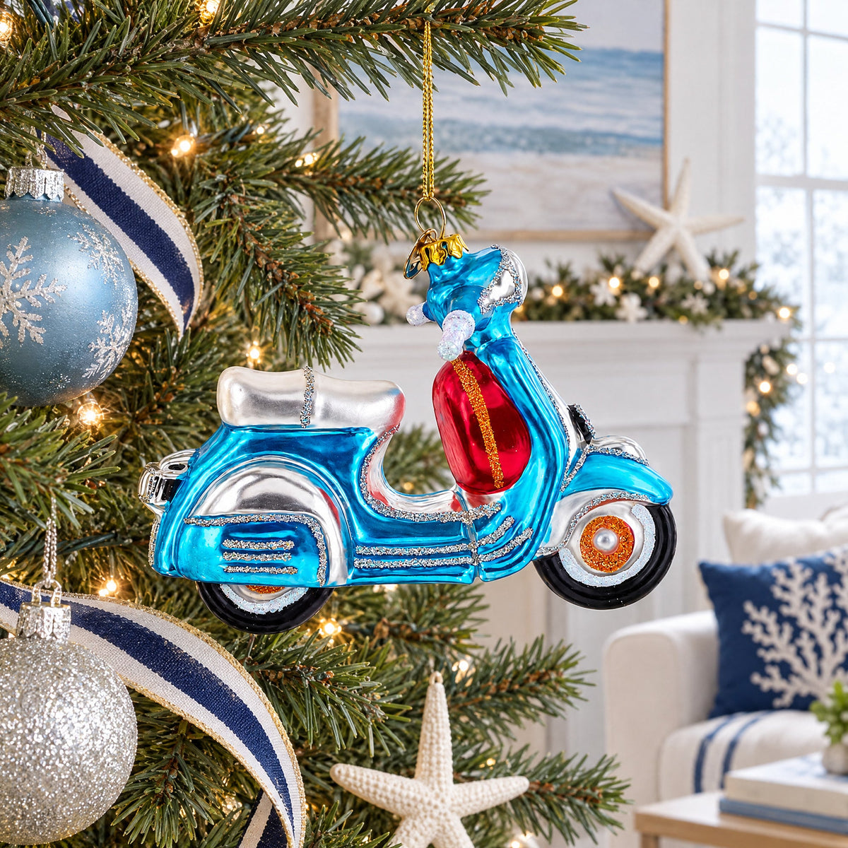 Blue Retro Scooter Glass Christmas Ornament