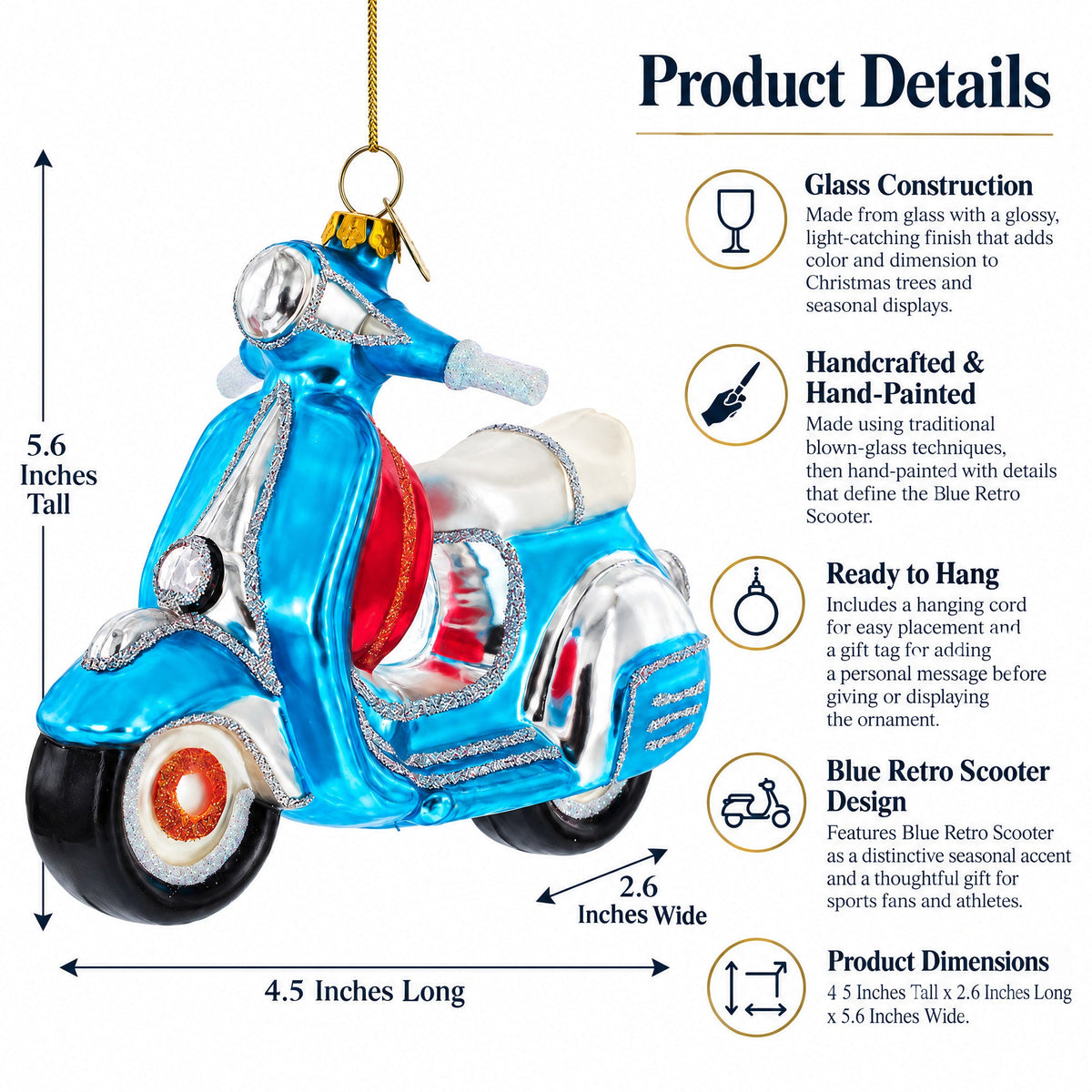 Blue Retro Scooter Glass Christmas Ornament
