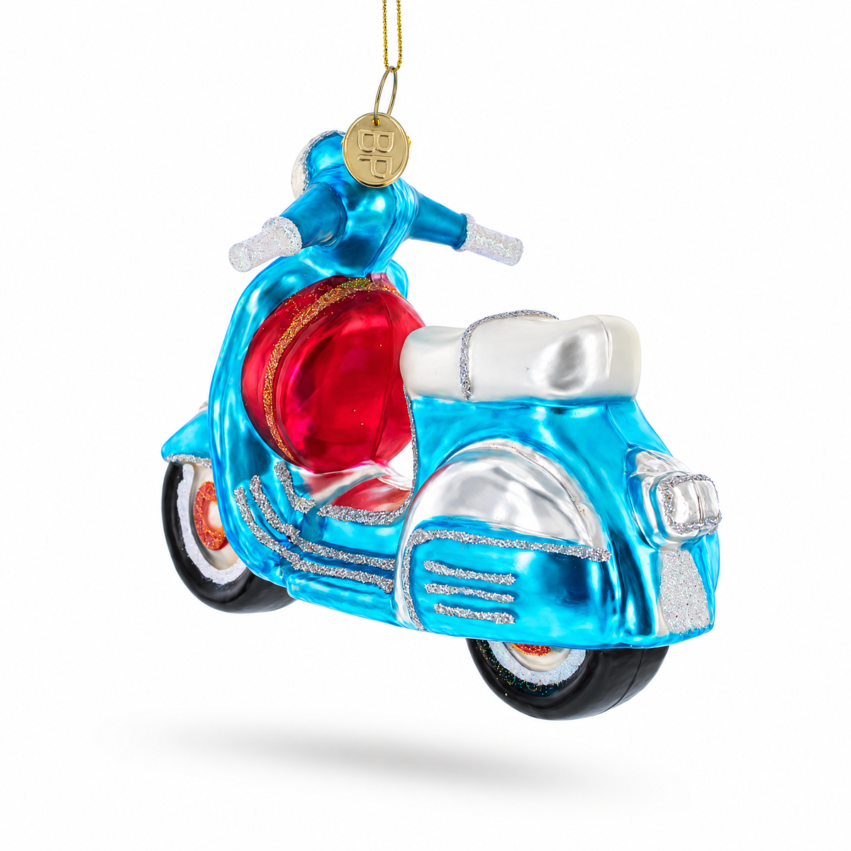Blue Retro Scooter Glass Christmas Ornament