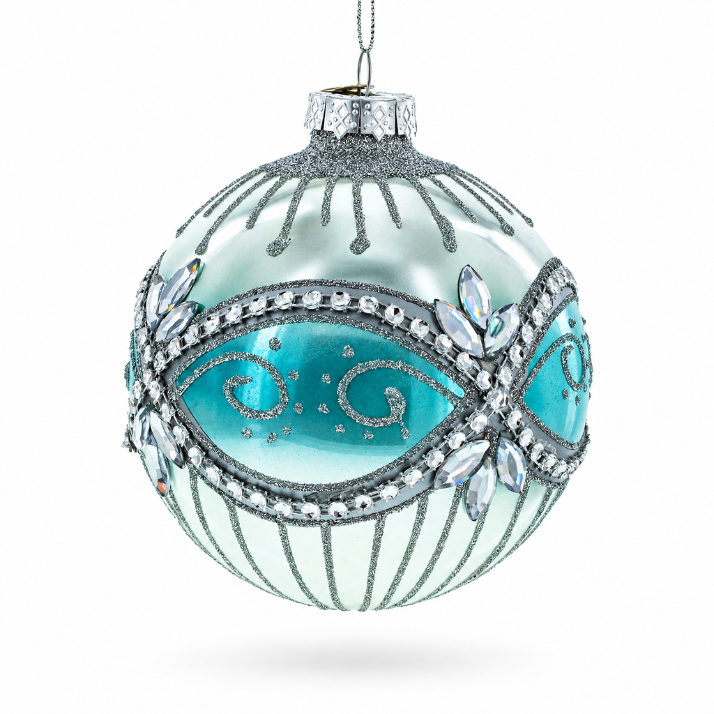 Elegant Silver and Blue Jeweled Glass Ball Christmas Ornament