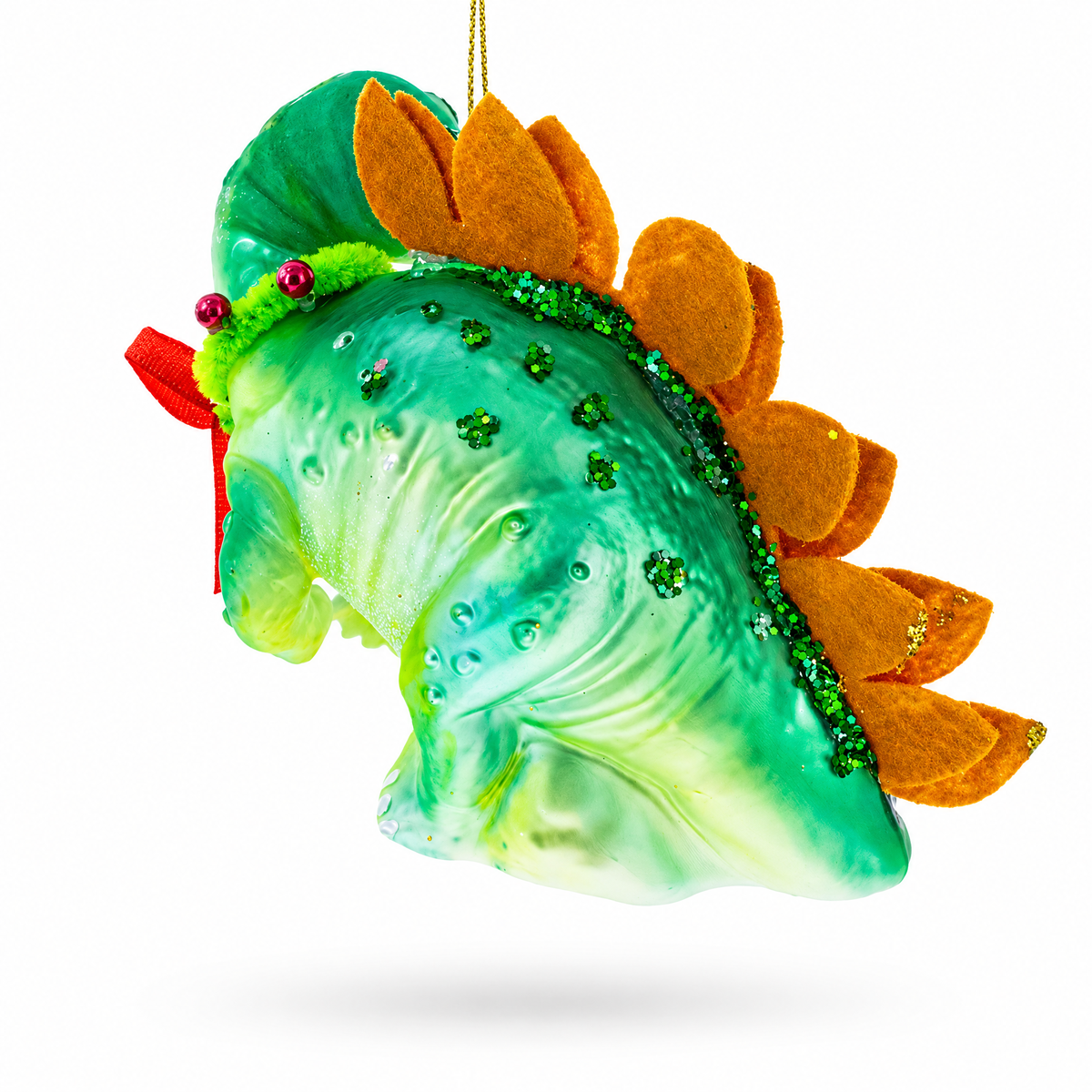 Green Dinosaur with Gifts Glass Christmas Ornament